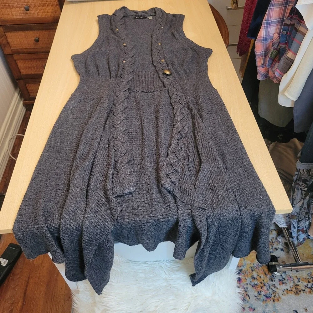 FYLO Open Front Cardigan Vest Sweater Braided Hem Asymmetrical Grey Large‎ - Picture 9 of 15